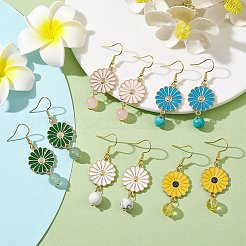 Серьги с подвесками из сплава с эмалью и цветком ромашки EJEW-JE05662