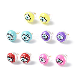 Natural Shell Eye Stud Earrings with Enamel, Real 18K Gold Plated Brass Jewelry for Women, Mixed Color, 15mm, Pin: 0.8mm