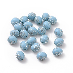 Plating Acrylic Beads, Silver Metal Enlaced, Oval with Flower, Light Sky Blue, 9.3x7.5mm, Hole: 1.5mm, about 1700pcs/500g