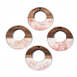 Colgantes de resina transparente y madera de nogal, con chips de cáscara, dos tonos, buñuelo, rosa, 38x3mm, agujero: 2 mm
