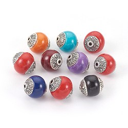 Perles Indonésiennes manuelles, avec les accessoires en métal, ronde, argent antique, couleur mixte, 12.5~14x14~15mm, Trou: 1.8mm