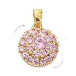 Brass Micro Pave Cubic Zirconia Pendants, Rotatable, Flat Round, Golden, Pearl Pink, 14.5x13x7mm, Hole: 4x3mm