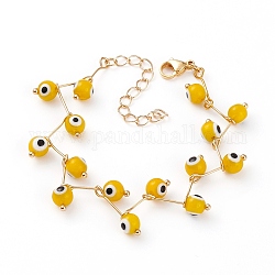 Bracelets de perles faits à la main au chalumeau mauvais œil, avec 304 goupille à tête sphérique en acier inoxydable et fermoirs à pince de homard, ronde, or, jaune, 6-3/8 pouce (16.2 cm)