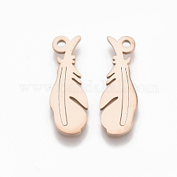 201 Stainless Steel Pendants, Feather, Rose Gold, 20x7x1mm, Hole: 1.5mm