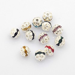Messing Legierung Strass Perlen, Klasse A, silberfarben plattiert, Runde, Mischfarbe, 6 mm, Bohrung: 1 mm