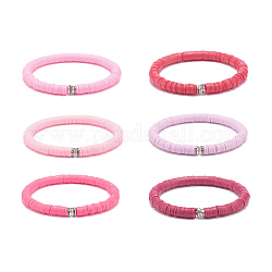 6 pièces 6 couleurs à la main en argile polymère heishi surfeur ensembles de bracelets extensibles, bijoux preppy pour femme, rose, diamètre intérieur: 2-3/8 pouce (5.9 cm), 1 pc / couleur
