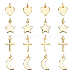 BENECREAT 16Pcs 4 Style Brass Pendants Sets, Long-Lasting Plated, Cross & Moon & Heart & Star, Real 18K Gold Plated, 9.5~13.5x8~10x1~1.5mm, Hole: 3.5mm, 4pcs/style