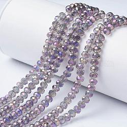 Placcare trasparente perle di vetro fili, pieno arcobaleno placcato, sfaccettato, rondelle, lilla, 4x3mm, Foro: 0.4 mm, circa 123~127pcs/filo, 16.5~16.9 pollice (42~43 cm)