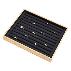 Bandejas de exhibición organizadoras de anillos de madera de 10 ranura, soporte de almacenamiento de pendientes de anillo de dedo con cuero de imitación y esponja en el interior, Rectángulo, negro, 21.1x26.1x3.1 cm