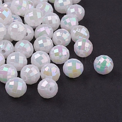 Placage de perles acryliques de poly styrène écologiques, blanc, couleur ab , ronde à facettes, environ 8 mm de diamètre, Trou: 1mm, environ 2000 pcs/500 g