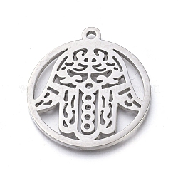 304 Stainless Steel Pendants, Manual Polishing, Flat Round with Hamsa Hand/Hand of Fatima/Hand of Miriam, Stainless Steel Color, 28.5x25.5x1.2mm, Hole: 1.8mm