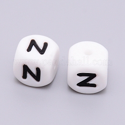 Perles de silicone, cube avec letter.n, blanc, 12x12x12mm, Trou: 2mm