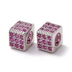 925 шарики стерлингового серебра, с кубического циркония, Реальная платина, кубические, ярко-розовый, 5x6x6 мм, отверстие : 3.5 мм
