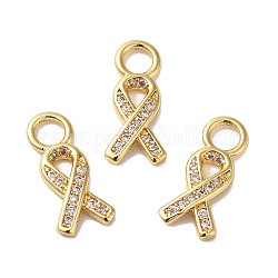 Rack Plating Brass Pave Cubic Zirconia Charms, Lead Free & Cadmium Free, Real 18K Gold Plated, Long-Lasting Plated, Awareness Ribbon Charm, Clear, 14x6.5x2mm, Hole: 3mm