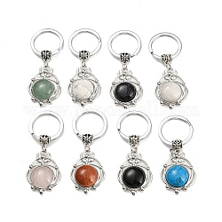 Porte-clés pendentif en pierres précieuses naturelles et synthétiques, plat rond, avec les accessoires en laiton, argent antique et platine, 65~66mm