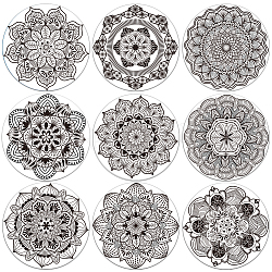 Composite Wood Board Cup Mats Set, Mandala Pattern Printed Coasters, Flat Round, 100x5mm, 1pc/style, 9 style, 9pcs/set