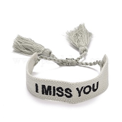 Mot tu me manques bracelet tressé en polycoton (polyester coton) avec breloque pompon, bracelet large réglable plat pour couple, blanc antique, diamètre intérieur: 2~3-1/8 pouce (5~8 cm)