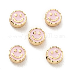 Бисера эмали сплава, золотые, плоские круглые с улыбающееся лицо, розовые, 8x4 мм, отверстие : 1.6 мм