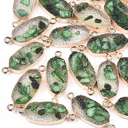 Electroplate Druzy Resin Links connectors, with Iron Findings, Oval, Light Gold, Green, 30~31x11.5~12x5mm, Hole: 1mm