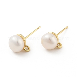 Accessoires de boucles d'oreilles en perles naturelles, avec accessoires en laiton et passants horizontaux, ronde, sans cadmium et sans plomb, véritable 18k plaqué or, 10x7.5mm, Trou: 0.6mm, pin: 0.6 mm