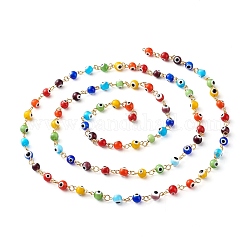 Chaînes à maillons de perles rondes faites à la main au chalumeau du mauvais œil, avec 304 épingles à œil en acier inoxydable doré, pour la fabrication de collier de bracelet, colorées, 6mm