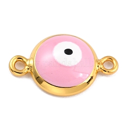 Conectores de eslabones de esmalte de latón chapado en oro, Plateado de larga duración, plano y redondo con mal de ojo, rosa, 16x10x3.5mm, agujero: 1.5 mm