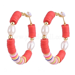 Баскетбольные серьги-кольца в стиле жен из латуни хейши из бисера, с бусинами из натурального культивированного пресноводного жемчуга и пластиковой спинкой для серег, красные, 51x49~49.5 мм, штифты : 0.8 мм
