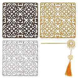 CHGCRAFT 12Pcs 3 Colors Alloy Filigree Joiners Findings, Hollow, Square, Mixed Color, 80x80x1mm, 4pcs/color