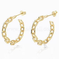 Semicircular Brass Cross Chain Stud Earrings, Half Hoop Earrings, with Earring Backs, Real 16K Gold Plated, 26~27x4mm, Pin: 0.8mm