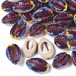 Perles de coquillage cauri naturelles imprimées, pas de trous / non percés, avec motif d'organisme marin, colorées, 18~21x12~15x7mm