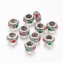 Tibetische Stil Legierung Großlochperlen, Großloch perlen, mit Emaille, Rondell, Antik Silber Farbe, 9x5 mm, Bohrung: 5 mm