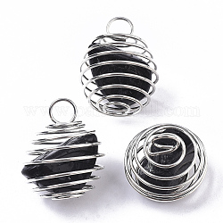 Ciondoli a gabbia di perline a spirale avvolgenti in ferro, con all'interno perle di tormalina nera naturale, tondo, platino, 21x24~26mm, Foro: 5 mm