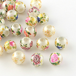 Rosa motivo floreale stampato perle di vetro tondo, perle imitazione perla, colore misto, 10x9mm, Foro: 1.5 mm