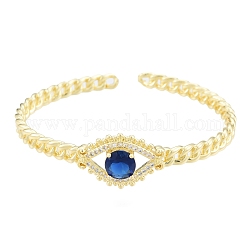 Cubic Zirconia Horse Eye Open Cuff Bangle, Real 18K Gold Plated Brass Jewelry for Women, Medium Blue, Inner Diameter: 2x2-3/8 inch(5.2x6.1cm)
