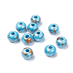 Handgemachte Porzellan europäischen Perlen, Großloch perlen, perlig, Rondell, Verdeck blau, 12x9 mm