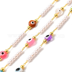 Handmade Brass Cable Chains, with Glass & CCB Evil Eye & Imitation Pearl Beads, Long-Lasting Plated, Golden, Soldered, with Spool, Colorful, 6x4mm