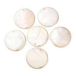 Naturali di acqua dolce pendenti shell, ciondoli rotondi piatti con bordi in ottone placcato oro, 40x2.5mm, Foro: 2 mm