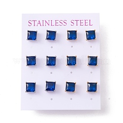6 par de pequeños aretes cuadrados de circonita cúbica, 304 joyería de acero inoxidable para mujer., color mezclado, azul medio, 8x8mm, pin: 0.7 mm