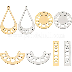 BENECREAT 16Pcs 8 Style 201 Stainless Steel Connector Charms & Pendants, Moon Phase Charms, Laser Cut, Flat Round & Semi Circle & Rectangle & Teardrop, Golden & Stainless Steel Color, 18~35x8~32x1mm, Hole: 1.5~1.8mm, 2pcs/style