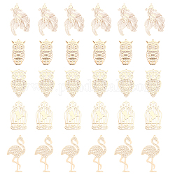 Chgcraft 30pcs 5 estilo colgantes de latón, adornos de metal grabados, pez dorado, jaula para pájaros, flamenco y búho, la luz de oro, 35~49x20~30x0.3mm, agujero: 1.2~1.6 mm, 6 piezas / style