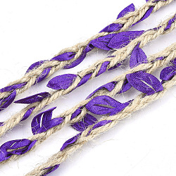 Ruban de garniture de feuille de polyester, avec de la ficelle de chanvre, pour la décoration de fête de mariage, bleu violet, 5~6x2~2.5 mm, environ 100 m / bundle