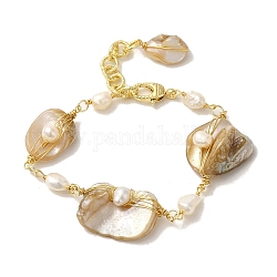 Natural Pearl & Shell Link Bracelets, Brass Wire Wrapped Bracelet, Real 14K Gold Plated, 6-7/8 inch(17.6cm)