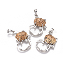 Natural Picture Jasper Kitten Pendants, with Platinum Tone Brass Findings and Crystal Rhinestone, Cat with Bowknot Shape, 32x25.5x7.5mm, Hole: 4.5x7mm