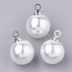 Colgantes de perlas de imitación de plástico ecológicos, con fornituras de latón, alto brillo, Grado A, redondo, Platino, blanco, 16x12mm, agujero: 1.6 mm