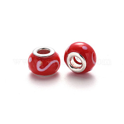 Perles européennes vernissées manuelles, perles de rondelle avec grand trou , en laiton de tonalité de platine noyaux doubles, rouge, 14~15x9~10mm, Trou: 5mm