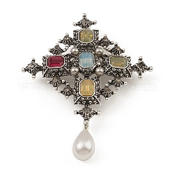 Spilla in strass in lega per zaino porta abiti, con perla artificiale e acrilico, rombo, argento antico, 75x60x13.5mm