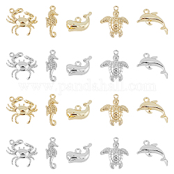 SUPERFINDINGS 20Pcs 10 Style Rack Plating Alloy Charms, Cadmium Free & Lead Free, Crab & Sea Horse & Whale & Sea Turtle & Dolphin, Platinum & Light Gold, 9~21x8.5~19x4~6mm, Hole: 1.5~1.8mm, 2pcs/style