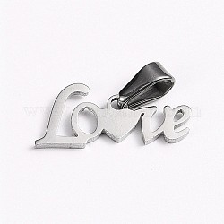 304 pendentifs en acier inoxydable pour la Saint Valentin, Pendentifs grand trou, mot d'amour, couleur inoxydable, 6x18x1.5mm, Trou: 6x3mm