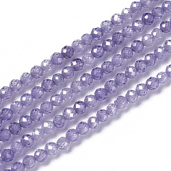 Perles de zircon cubique, facette, ronde, support violet, 1.5~2x2mm, Trou: 0.2mm, Environ 178~186 pcs/chapelet, 15~15.5 pouce (37.5~38.5 cm)