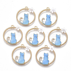 Alloy Pendants, with Enamel and Resin, Round Ring with Cat Shape and Ring, Golden, Light Sky Blue, 24.5x22x3mm, Hole: 1.5mm